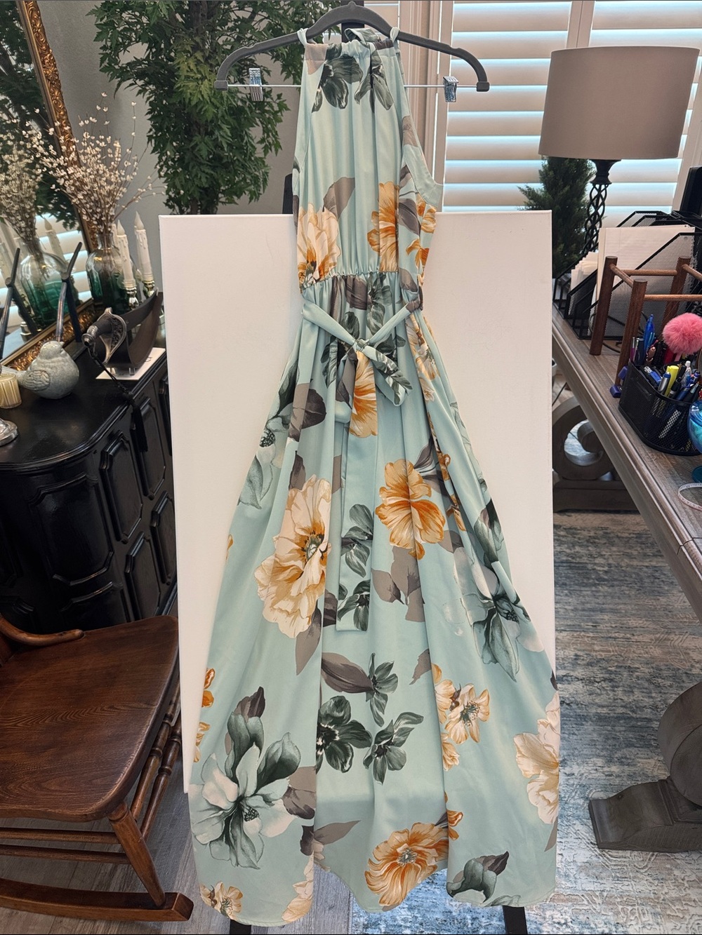 Onetheland- Women’s Floral Halter Maxi Dress in Mint Green